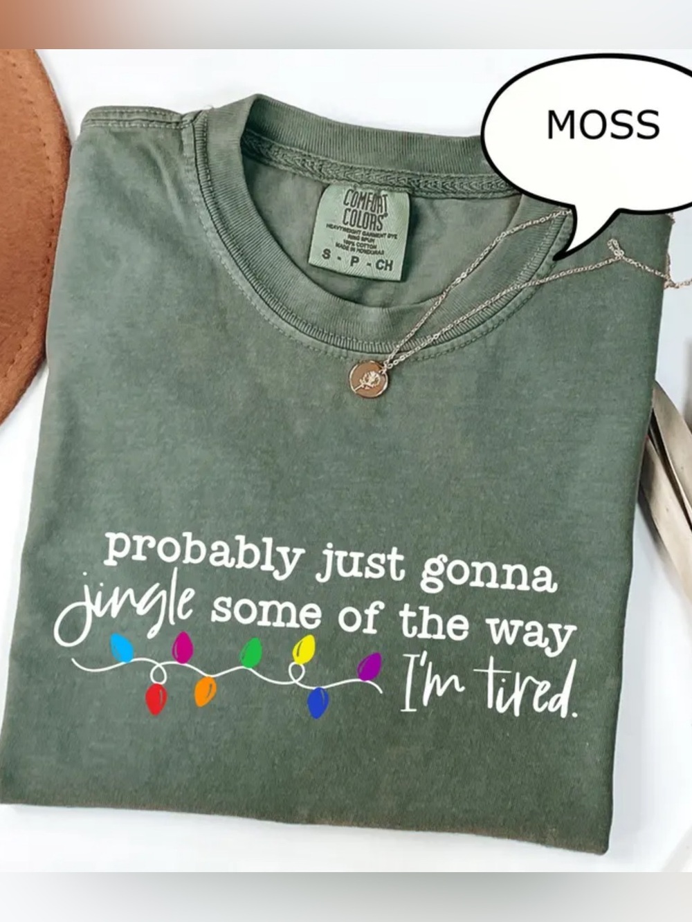 Comfort Colors Moss Green Holiday Tee with Colorful Lightbulb Graphic